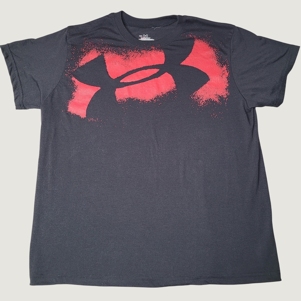 Under Armour HeatGear Youth XL T-Shirt Black Red Splatter Logo Graphic Tee